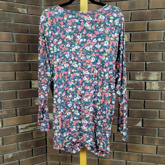 Lane Bryant neon floral scoop neck gathered front stretch knit long sleeve - Picture 1 of 6